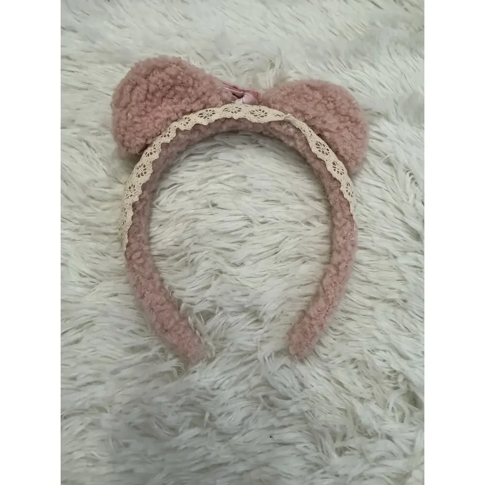 Pink Bear Ears Headband Cosplay Fuzzy Head Band Makeup Spa Costume